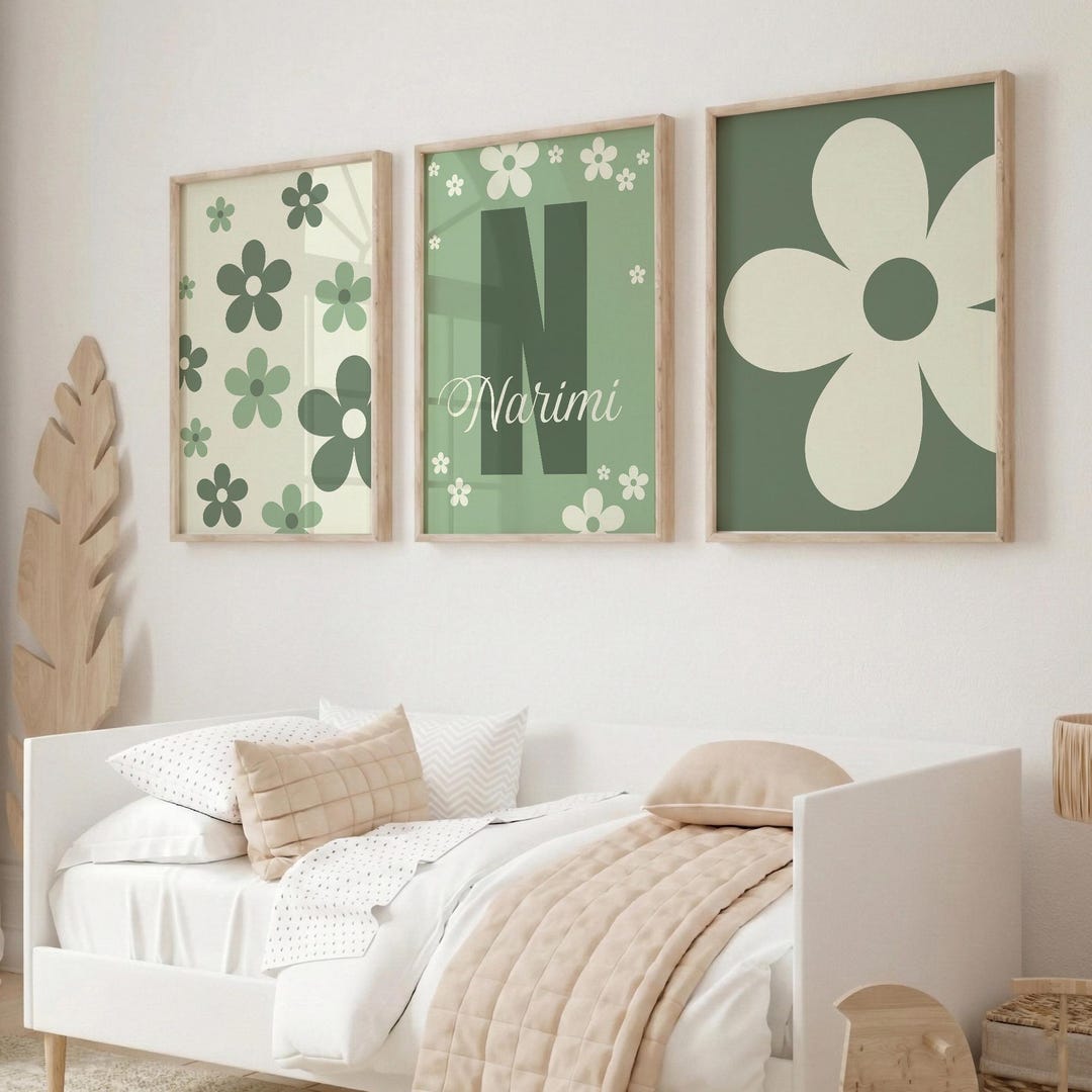 Sage Green Daisy Nursery Wall Art Set of 3, Personalized Name Initial ...