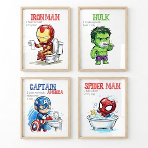 May include: Four framed prints featuring Marvel superheroes. Iron Man is on the toilet, Hulk brushes his teeth, Captain America washes his hands, and Spider-Man takes a bath. Each print has text related to hygiene.