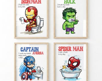 Set of 4 Superhero Bathroom Art Bedtime Chores Routine Instant Digital Prints Download Wall Art Decor Printables
