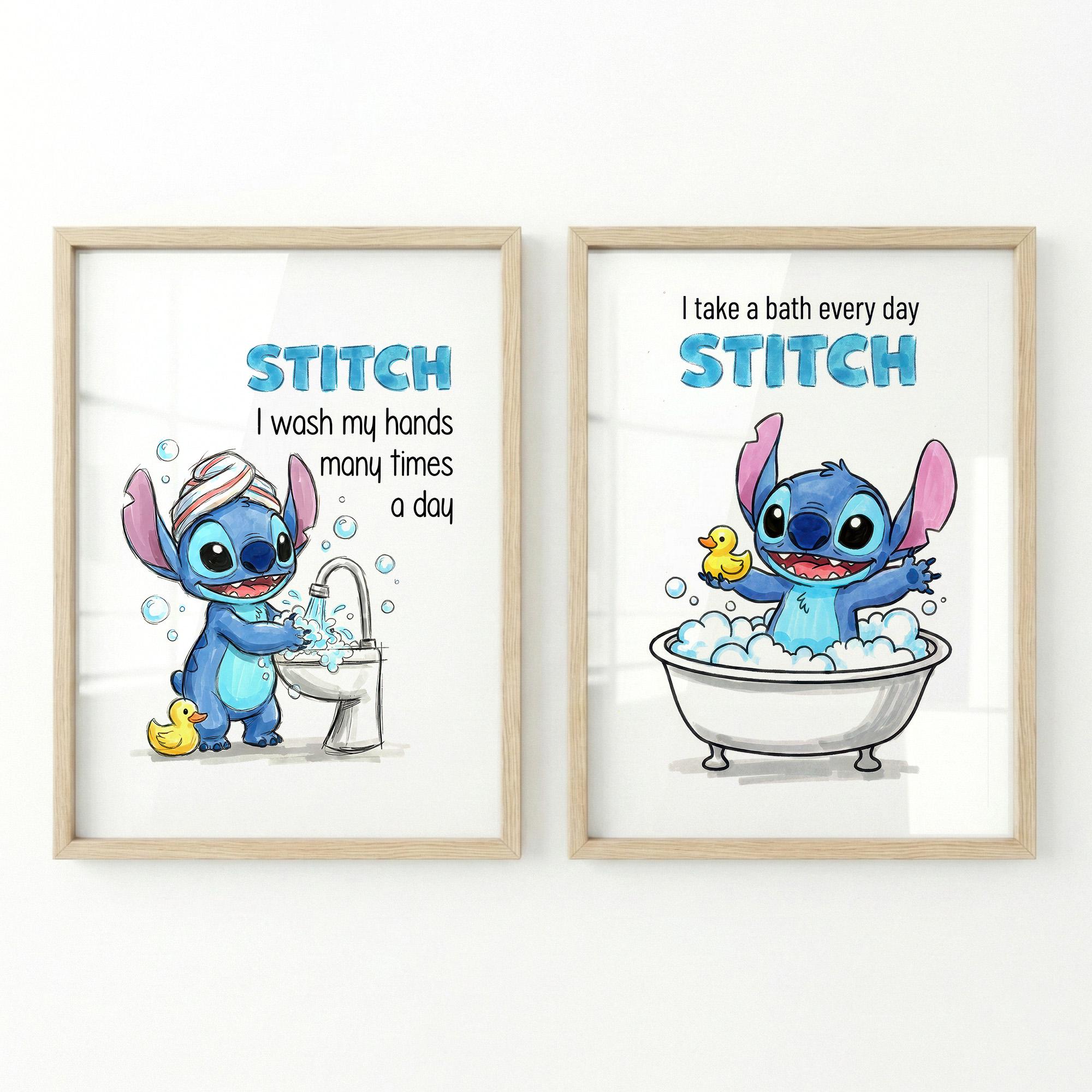 Lilo and Stitch Kids Bathroom Wall Art Set, Wash Hands Brush Teeth