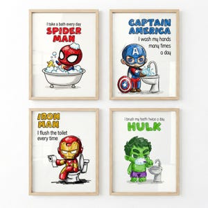 Könnte beinhalten: Vier gerahmte Poster mit Marvel-Superhelden. Spider-Man badet, Captain America wäscht sich die Hände, Iron Man spült die Toilette und Hulk putzt sich die Zähne. Jedes Poster hat Text zur Hygiene.