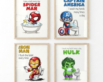 Set of 4 Superhero Bathroom Art Bedtime Chores Routine Instant Digital Prints Download Wall Art Decor Printables