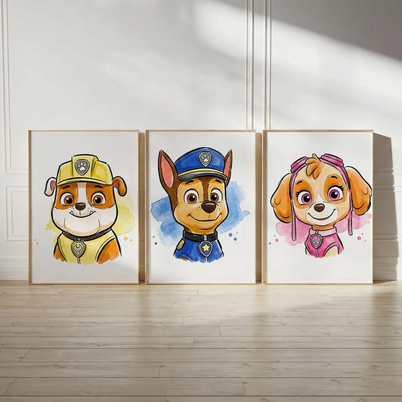 May include: Three framed watercolor prints featuring cartoon dog characters. Each dog is depicted in a different outfit: a construction worker, a police officer, and a pilot. The artwork has a soft, colorful aesthetic with a white background.