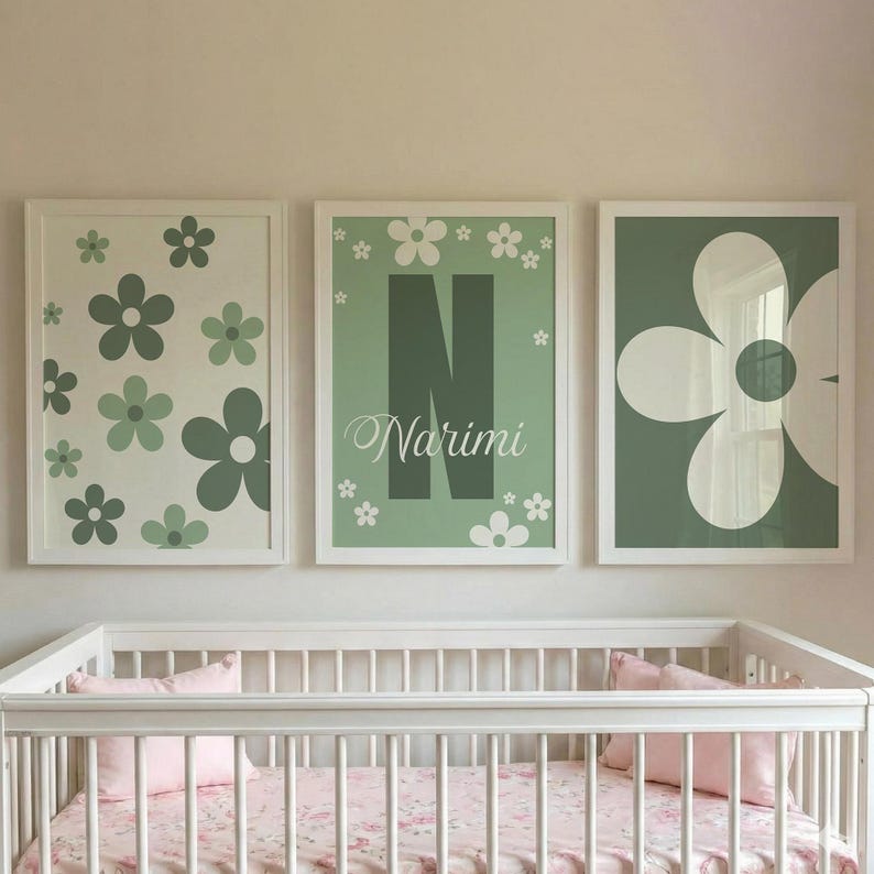 Sage Green Daisy Nursery Wall Art Set of 3, Personalized Name Initial ...