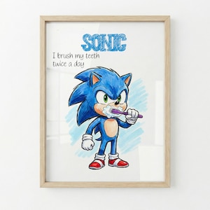 Set of 4 Blue the Hedgehog Bathroom Art Bedtime Chores Routine Instant Digital Prints Download Wall Art Decor Printables image 4
