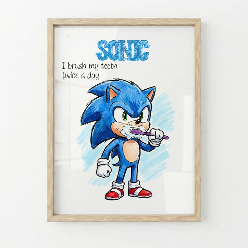 Set of 4 Blue the Hedgehog Bathroom Art Bedtime Chores Routine Instant Digital Prints Download Wall Art Decor Printables image 4