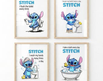 Lilo and Stitch Kids Bathroom Wall Art Set, Wash Hands Brush Teeth Poster, Kids Hygiene Prints, Nursery Bathroom Decor