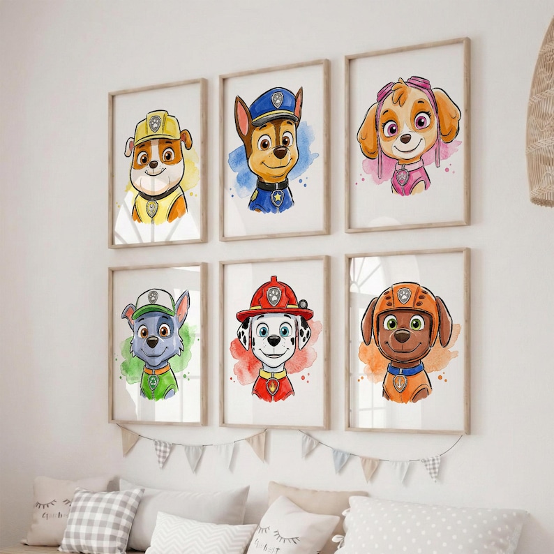 Kids Rescue Dog Wall Art Printable Set of 6, Puppy Hero Nursery Decor, Watercolor Dog Prints, Animal Kids Room Decor, Playroom Wall Art image 1