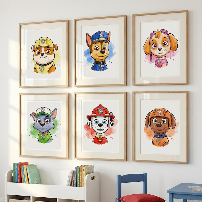May include: Six framed watercolor prints featuring cartoon dog characters in various uniforms. Each print has a light wood frame and depicts a different dog with a unique expression and outfit, set against colorful watercolor backgrounds.