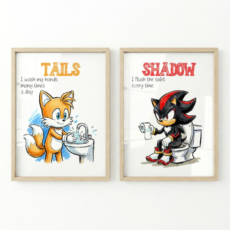 May include: Two framed prints featuring cartoon characters. One shows Tails washing hands, the text reads "TAILS I wash my hands many times a day." The other shows Shadow on a toilet, with text "SHADOW I flush the toilet every time."