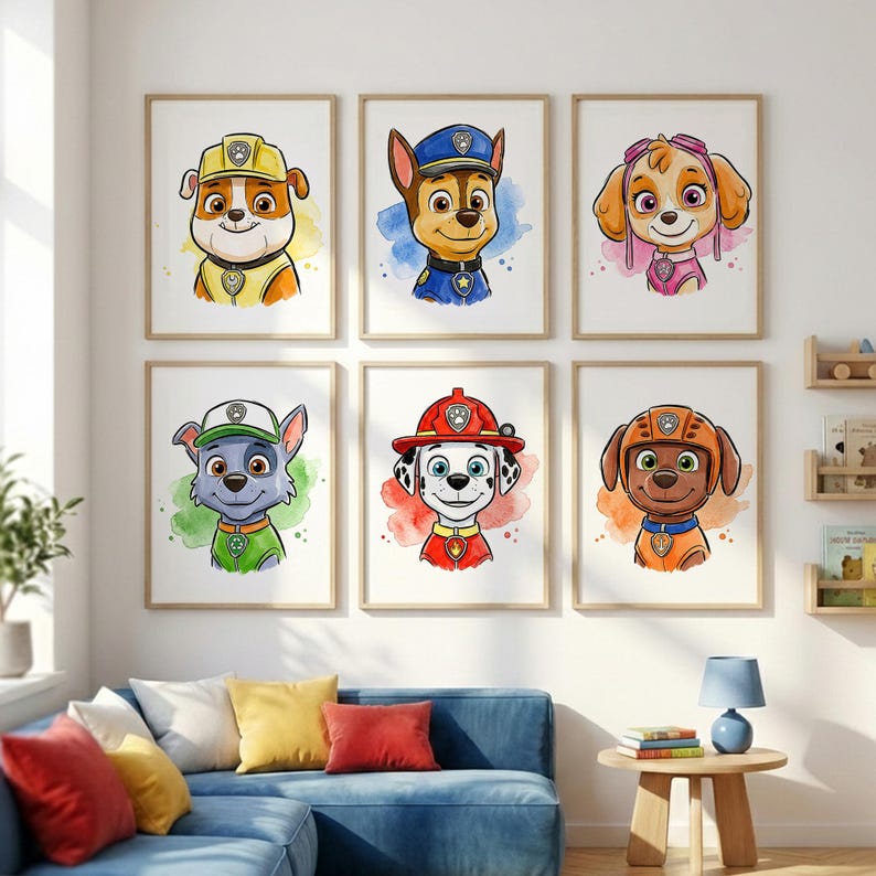May include: Six framed watercolor prints featuring cartoon dog characters in various uniforms. Each portrait has a watercolor background and is set against a white background. The prints are displayed on a white wall above a blue sofa.