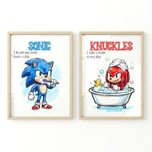 Set of 4 Blue the Hedgehog Bathroom Art Bedtime Chores Routine Instant Digital Prints Download Wall Art Decor Printables image 2