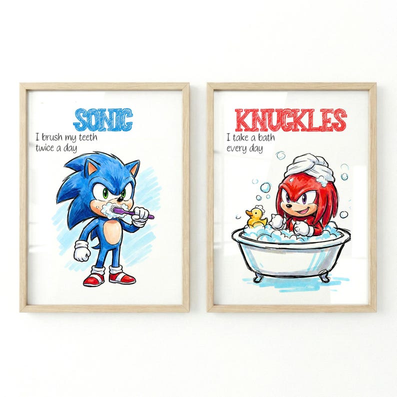 Set of 4 Blue the Hedgehog Bathroom Art Bedtime Chores Routine Instant Digital Prints Download Wall Art Decor Printables image 2