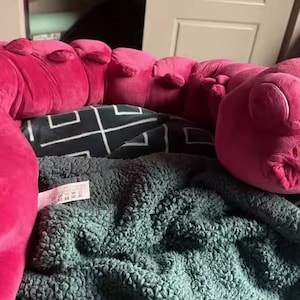 May include: A large, magenta-coloured, caterpillar-like plush toy. The toy has multiple segments, small ear-like protrusions, and a detailed head with large eyes. It rests on a patterned blanket.