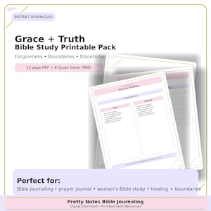 Könnte beinhalten: Ein digitales druckbares Paket mit dem Titel "Grace + Truth Bible Study" mit einem rosa und weißen Design. Das Paket enthält ein 12-seitiges PDF und 8 Zitatekarten. Das Bild zeigt eine Vergleichstabelle mit dem Titel "Grace vs. Enabling".