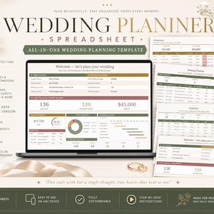 May include: A wedding planner spreadsheet template displayed on a laptop, with additional printed sheets. The design includes a dashboard, budget, guest list, and timeline features. The text reads "Wedding Planner Spreadsheet" and "All-in-one wedding planning template."