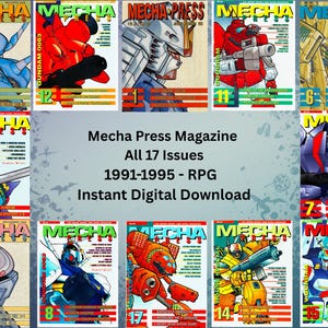 May include: A collection of 17 issues of "Mecha Press Magazine" from 1991-1995, featuring colorful illustrations of mecha robots. The covers display various robot designs in action, with issue numbers visible. Text on the covers includes "Gundam" and "RPG".