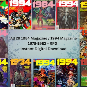 Puede incluir: Una colección de revistas vintage con portadas que presentan arte de ciencia ficción y fantasía. Las revistas están etiquetadas como "1984" y "1994", con texto que indica RPG y "Descarga digital instantánea". Las portadas muestran varias ilustraciones.
