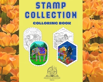 Stamp Collection Adult Coloring Book Hand Drawn Digital Download 20 pages | Vintage Travel & Art Themes for Relaxing Therapy
