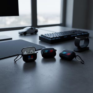 Peut inclure: Plusieurs étuis noirs pour AirPods avec le logo BMW en rouge, bleu et blanc. Un étui est ouvert, révélant des écouteurs blancs. Un mousqueton argenté est attaché à l'étui ouvert. D'autres accessoires technologiques sont visibles.