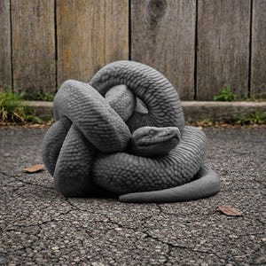 May include: A dark gray, coiled snake sculpture featuring a highly detailed, textured scale pattern across its entire body. The serpent is depicted in a tight, knotted position with its head resting prominently on top of the central coils.
