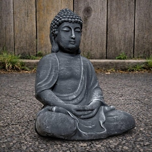 May include: A gray Buddha statue in a seated meditation pose. The statue has closed eyes and a serene expression. The figure is wearing a draped robe and is sitting on a dark surface. The background features a wooden fence.