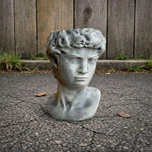 May include: A gray bust of a classical figure, likely a sculpture, with detailed facial features and curly hair. The head is set on a cracked asphalt surface, suggesting an outdoor setting. The bust is a decorative item.