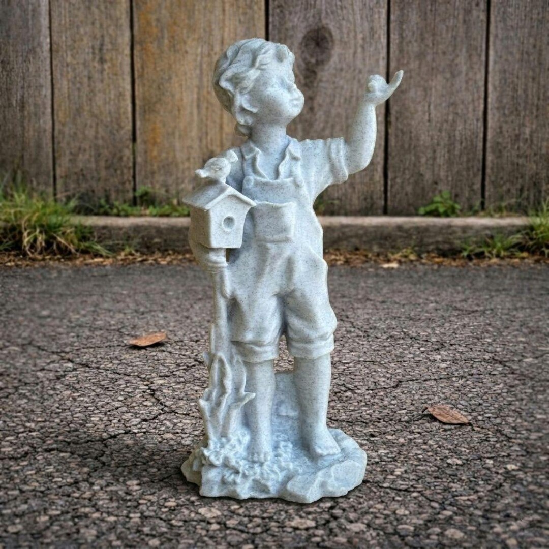 Stone Boy Statue Boy With Bird Concrete Garden Figurine Child Sculpture ...