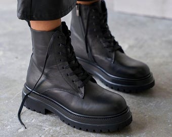 Black Leather Ankle Boots Women, Lace Up Chunky Boots, Side Zipper Combat Boot