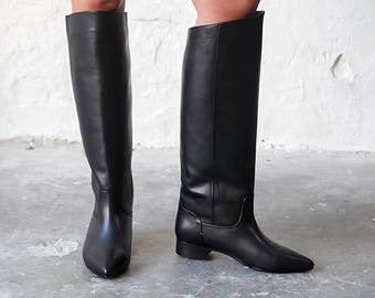 Handmade Black Leather Knee High Boots, Womens Riding Boots, Low Heel Pointed Toe Boot