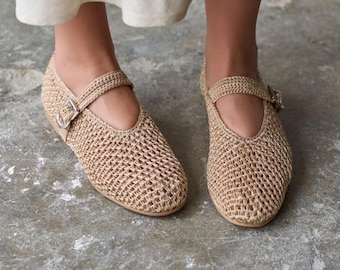 Beige Woven Ballet Flats, Crochet Mesh Flats, Breathable Summer Shoes, Mary Jane Shoes