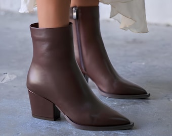 Brown Leather Heeled Ankle Boots, Pointed Toe Block Heel Boots, Winter Zipper Short Booties