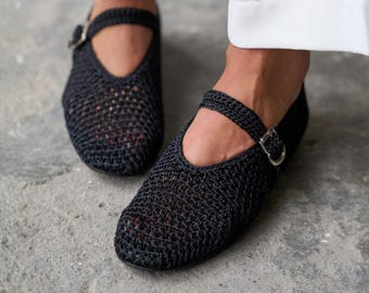 Black Woven Crochet Mary Jane Ballet Flats, Breathable Summer Shoes, Women's Handmade Shoes