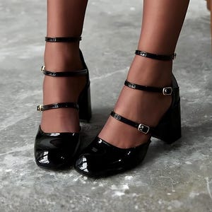 Black Leather Mary Jane Heels, Triple Strap Block Heel Pumps, Strappy Mary Janes