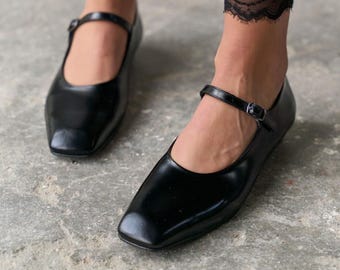 Black Leather Mary Jane Flats, Square Toe Ballet Flats, Minimalist Strap Shoes