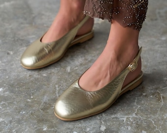 Ballerine da donna in pelle dorata con cinturino posteriore, scarpe Mary Jane con fibbia, scarpe eleganti da donna