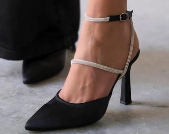 Black Satin Ankle Strap Heels, Rhinestone Strap Pumps, Pointed Toe Evening Shoes