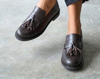 Mocasines de piel marrón con borla, zapatos sin cordones hechos a mano, mocasines para mujer