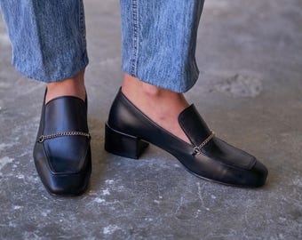 Black Leather Loafers, Square Toe Chain Detail Block Heel Pumps, Women's Slip On Shoes