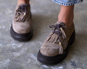 Taupe Suede Brogue Oxford Shoes, Chunky Lug Sole Platform Loafers, Tassel Lace Up Shoes