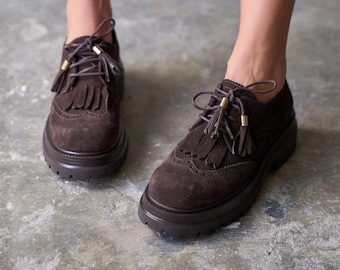 Brown Suede Brogue Oxford Shoes, Chunky Lug Sole Platform Loafers, Tassel Lace Up Shoes