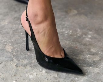 Black Patent Leather Slingback Heels, Pointed Toe Stiletto Pumps, Buckle Strap Sandals