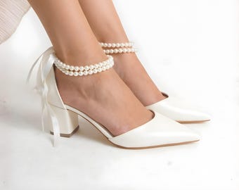 White Bridal Heels with Pearl Strap, Pointed Toe Wedding Shoes, Block Heel Wedding Pumps