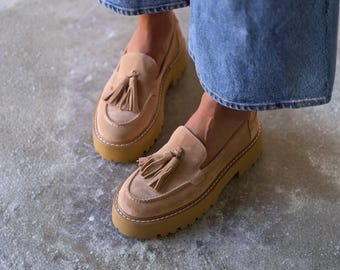 Beige Suede Tassel Loafers, Chunky Platform Penny Loafers, Handmade Slip On Shoes