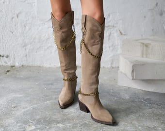 Taupe Suede Cowboy Boots with Removable Chain, Women's Western Heeled Boots, Pointed Toe Boot