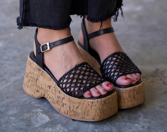 Black Leather Platform Fisherman Sandals, Cork Wedge Sandals, Women's Summer Shoes