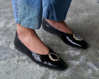 Black Patent Leather Ballet Flats, Square Toe Slip On Shoes, Gold Buckle Flats