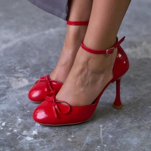 Red Patent Leather Mary Jane Heels, Round Toe Bow Pumps, Ankle Strap High Heels