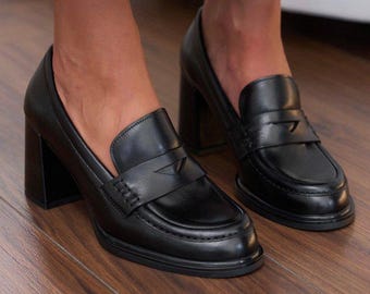 Black Leather Heeled Loafers, Chunky Block Heel Penny Loafer, Women's Slip On Shoes