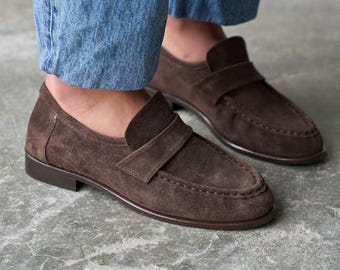 Brown Suede Penny Loafers, Comfortable Slip On Flat Shoes, Women Casual Walking Loafers